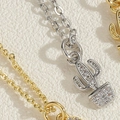 Silver cactus pendant necklace with cubic zirconia and 14K gold plated chain link - Cactus Design-Platinum (XL2573-4)