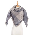 Plaid loop yarn triangle scarf in grey and blue stripes with fringe for autumn - Big Plaid Grey