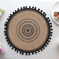 Handwoven round jute placemat with black mandala pattern and fringe tassels decoration - Type J Black Pom-poms