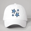 Detail of blue denim star patches with frayed edges on a white cotton baseball cap - One Size / White