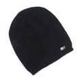 Primer plano del gorro de punto trenzado negro con forro térmico y placa de metal Heat - Talla única / Negro