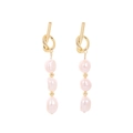 Elegant gold knot earrings with three vertical baroque pearls for a minimalist chic look - 3-Pearl Style With Gold Beads