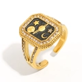 Vintage 18K gold plated stainless steel open ring with black enamel celestial motifs - Black Star Moon Style (R5303-2)