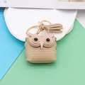 Beige owl-shaped PU leather coin purse keychain with pink accents and elegant tassel - Khaki