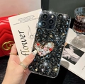 Luxe dark grey rhinestone iPhone case with multi-color crystal heart motif - Black
