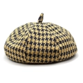 Schicke Baskenmütze mit Hahnentrittmuster in Gelb und Blau aus Tweed für Damen - M / Gelb/Blau