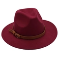 Close-up of burgundy wool fedora hat featuring a brown leather band and gold metal buckle - Wine Red (Brown Belt)