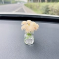 Car dashboard decor featuring a glass vase with beige faux flowers and Good Luck label - Champagne Gypsophila