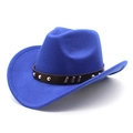 Detail view of royal blue felt cowboy hat with a brown studded leather belt decoration - M (56-58cm) / Royal Blue