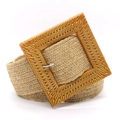 Beige woven elastic waist belt with a textured square resin buckle for women - Square Buckle Khaki