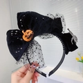 Halloween headband with black velvet bow, orange pumpkin, and silver spider detail - Velvet Pumpkin Spider Mesh Headband