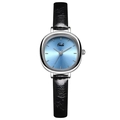 Gedi ovale Damenuhr mit blauem Zifferblatt und schwarzem strukturiertem Lederband - Silber Gehäuse Hellblaues Zifferblatt Schwarzes Armband