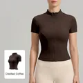 Slim fit high-elastic yoga jacket in Distilled Coffee color with stand collar and zipper - S / Tops / Distilled Coffee