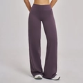 High-waisted wide-leg athletic yoga pants in deep purple with seamless waistband - Eggplant Purple