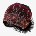 Detailed embroidery of floral patterns on burgundy lace turban for women with gold accents - Burgundy
