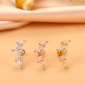 Detailed view of zircon-encrusted wing cartilage earrings in silver, gold, and rose gold - Curved Leaf (4#)