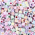 White acrylic cube beads with colorful heart and star patterns for DIY jewelry making - 6x6mm White With Colored Star Moon (100pcs)