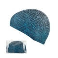 Adult swim cap with blue leaf pattern on black fabric with transparent packaging - Gradient Leaves Design