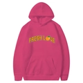 Deep pink long sleeve hoodie for men with FRESH LOVE citrus print and kangaroo pocket - Rose Red