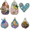 Detailed macro view of six handmade floral and insect charms with resin and pearl accents - Mix 6 Pcs Oil Drip Dragonfly Butterfly Flower-SN1387