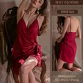 Conjunto de vestido lencero de satén rojo oscuro con escote en V y lazo lateral - Talla única (40-65kg) / Burdeos