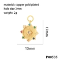 Detailed specs of sunburst coin pendant in gold-plated copper with zircons and 15mm size - P00535-Round Octagonal Star