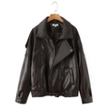 Vintage oversized dark brown leather biker jacket with collar and zipper pockets - S / Dark Brown