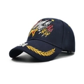 Navy blue baseball cap featuring eagle embroidery and golden laurel leaves on the brim - Navy Eagle Claw