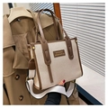 Beige canvas tote bag with brown leather trim and detachable shoulder strap for daily use - Khaki Small