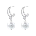Detail of silver drop earrings featuring large white pearls and sparkling zircon accents - VE1447 Platinum
