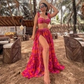 Bikiniset met ruches en bijpassende lange strandrok met oranje bloemenprint - S / Set met Hoge Taille en Ruches