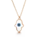 Rose gold Hamsa Hand necklace featuring a white shell inlay and blue evil eye detail - Hamsa Hand (KN229039-K)