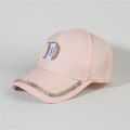 Close-up of pink denim baseball cap with rhinestone brim and metal D-letter ornament - Style 22-Pink Metal Letter D