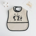 Waterproof baby bib in beige with cute panda print and large food crumb catcher pocket - Pu Bib (double-layered) - Black-edged Mother And Cub Panda / One Size