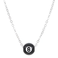 Silver chain necklace with a black 8-ball billiard pendant on a plain white background - Infinity Necklace
