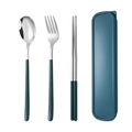 Portable 304 stainless steel cutlery set with dark blue spoon fork and case - Green Silver Spoon Fork Chopsticks 3-piece Set