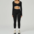 Ensemble de yoga noir deux pièces avec bordure contrastée et leggings taille haute - S / Long Sleeve+Leggings - Contrast Black/White