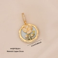 Macro detail of French vintage gold floral pendant with white zircon inlays and beige enamel - Beige Petal Round Pendant (4#)