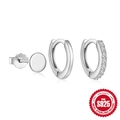 S925 sterling zilveren oorbellen set met gepolijste ring en zirkonia oorknopjes set - Ronde Schijf Knop & Hoops Set / Zilver
