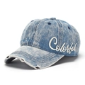 Detail of light blue denim baseball cap with Colorful embroidery and distressed finish - Light Blue(C)