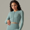 Seamless light blue ribbed yoga set with high waist leggings and zip-up crop top - S / Top And Bottom / Blue Gray