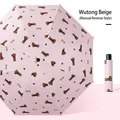 Pink manual reverse folding umbrella with cartoon dog pattern and matching cover - Manual Reverse / Pink Dachshund