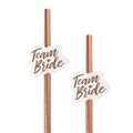 Rose gold Team Bride straws with white decorative labels for bachelorette parties - Style 2