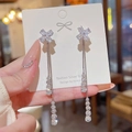 Silver 925 tassel earrings with floral zircon studs in elegant South Korean design - Silver Flower Tassel (E0071)