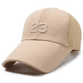 Khaki mesh trucker hat for men with embroidered number 23 and extended sun visor - Number 23 Style / Deep Beige