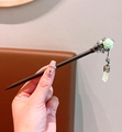 Chinese style wooden hair pin with light green jade flower and elegant metal tassel - Emerald Wood
