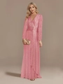 Close-up of pink sequin evening gown featuring V-neck design and ruched waist detail - US size 2 / Bottoms / Pink