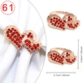 Gold double heart napkin ring with red rhinestones and dimensional specifications - Golden Linked Hearts Red Rhinestone