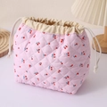 Pink quilted cosmetic bag with cute cherry pattern, portable drawstring travel makeup pouch. - Pink Cherry