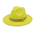 Detail of a bright yellow wool fedora hat with a sparkling gold glitter decorative band - Neon Yellow